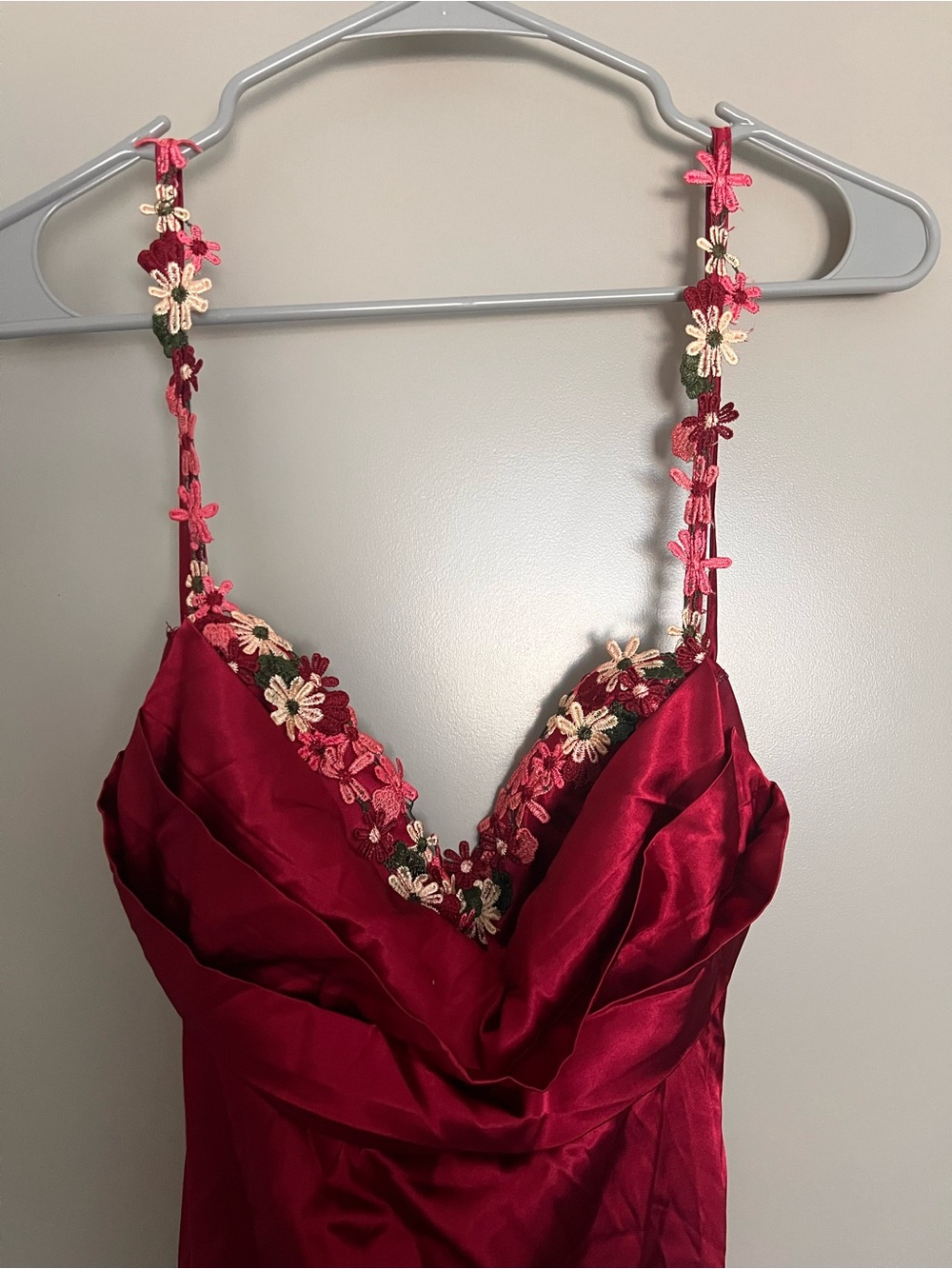Satin Burgundy Maxi Dress with Floral-Embellished Straps - Picture 2 of 5